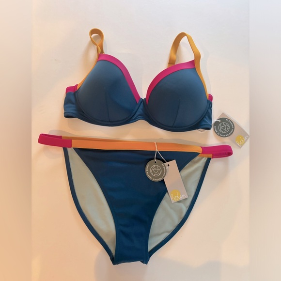 BODEN NWT Sz 34DD 12 Teal Blue with Pink and Orange Trim BIKINI